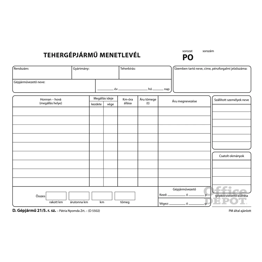 D.GEPJ.21/5 A5 100lapos fekvő "Tehergépjármű menetlevél" nyomtatvány