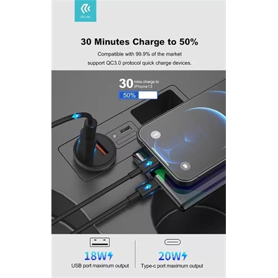 Devia ST359408 Smart Mini 20W USB/Type-C fekete szivargyújtó töltő Devia ST359408 Smart Mini 20W USB/Type-C fekete szivargyújtó töltő