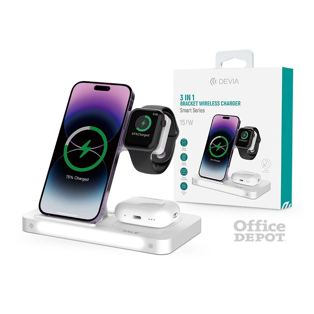 Devia ST379857 15W 3in1 fehér vezeték nélküli töltő állomás