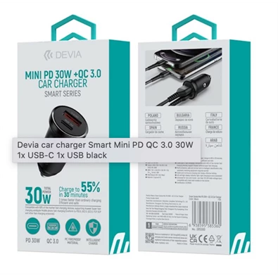 Devia ST385360 Smart Mini PD 30W+QC 3.0 USB+Type-C szivargyújtó töltő adapater Devia ST385360 Smart Mini PD 30W+QC 3.0 USB+Type-C szivargyújtó töltő adapater