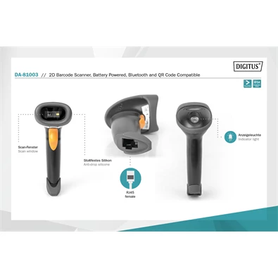Digitus DA-81003 BT/RJ45/USB 1D/2D kézi vonalkódolvasó USB kit állvánnyal Digitus DA-81003 BT/RJ45/USB 1D/2D kézi vonalkódolvasó USB kit állvánnyal