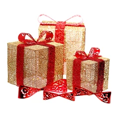 Doboz alakú /1db 20cm, 1db 25cm, 1db 30cm/ arany-piros fémdoboz műanyag masnival dekor szett