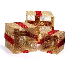 Doboz alakú /1db 20cm, 1db 25cm, 1db 30cm/ arany-piros fémdoboz műanyag masnival dekor szett