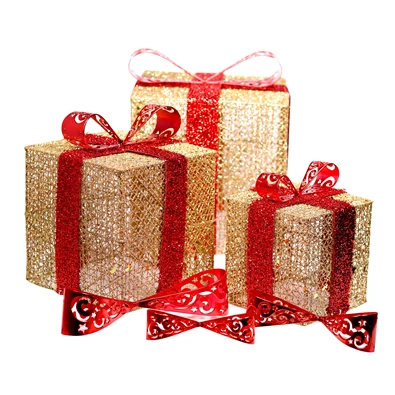 Doboz alakú /1db 20cm, 1db 25cm, 1db 30cm/ arany-piros fémdoboz műanyag masnival dekor szett