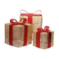 Doboz alakú /1db 20cm, 1db 25cm, 1db 30cm/ arany-piros fémdoboz műanyag masnival dekor szett