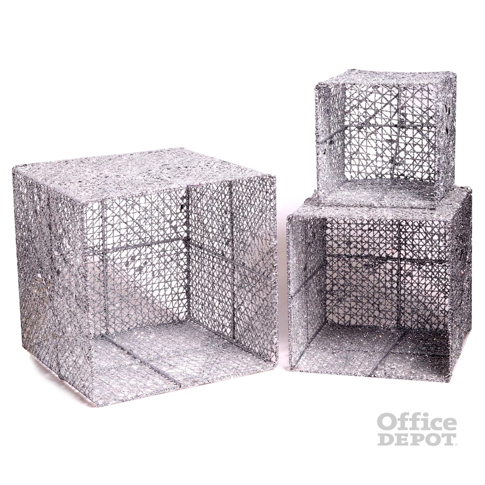 Doboz alakú /1db 20cm, 1db 25cm, 1db 30cm/ ezüst-lila fémdoboz műanyag masnival dekor szett