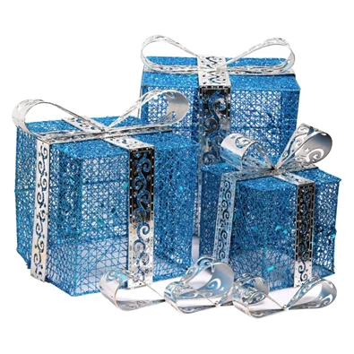 Doboz alakú /1db 20cm, 1db 25cm, 1db 30cm/ kék-ezüst fémdoboz műanyag masnival dekor szett