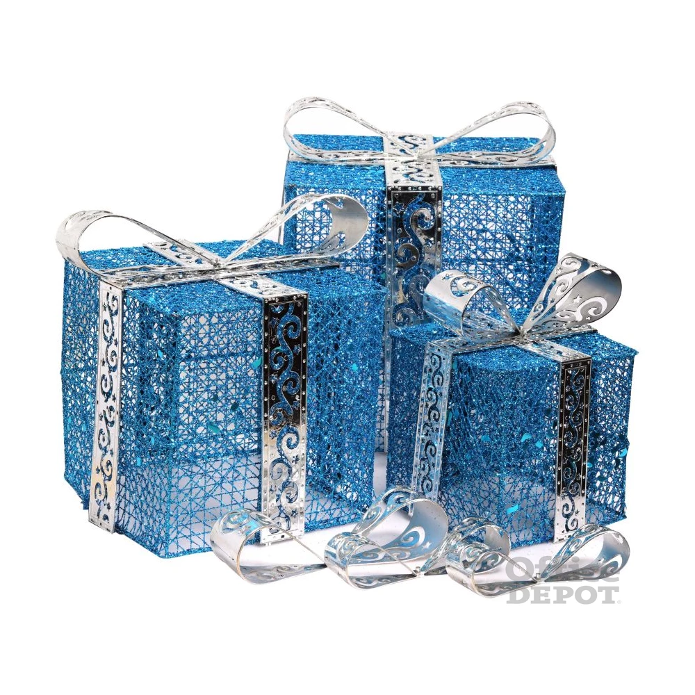 Doboz alakú /1db 20cm, 1db 25cm, 1db 30cm/ kék-ezüst fémdoboz műanyag masnival dekor szett