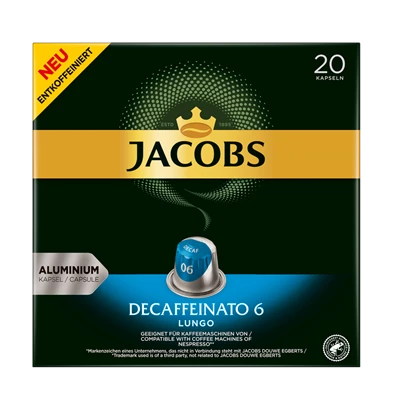 Douwe Egberts Jacobs Lungo 6 Decaffeinato koffeinmentes 20db kávékapszula Douwe Egberts Jacobs Lungo 6 Decaffeinato koffeinmentes 20db kávékapszula