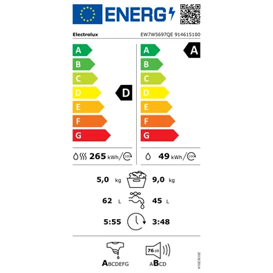 Electrolux EW7W5697QE SteamCare fehér, elöltöltős, max.1600ford., 9 kg/5 kg, mosó-szárítógép