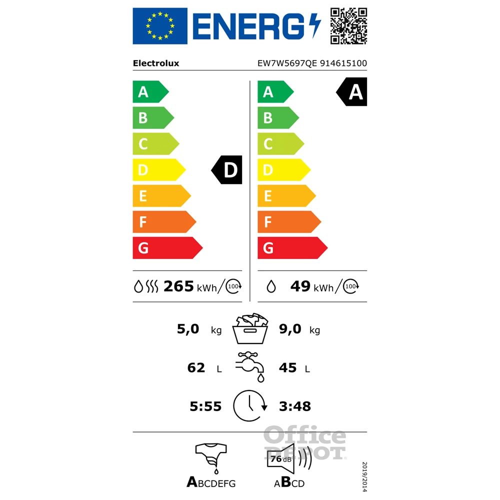Electrolux EW7W5697QE SteamCare fehér, elöltöltős, max.1600ford., 9 kg/5 kg, mosó-szárítógép