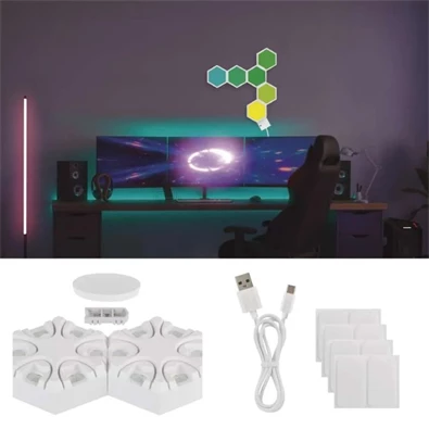 Emos GoSmart Hexagon fehér, 6 részből álló, RGBIC dimmelhető, WiFi LED asztali lámpa Emos GoSmart Hexagon fehér, 6 részből álló, RGBIC dimmelhető, WiFi LED asztali lámpa