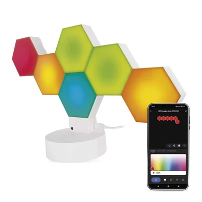 Emos GoSmart Hexagon fehér, 6 részből álló, RGBIC dimmelhető, WiFi LED asztali lámpa Emos GoSmart Hexagon fehér, 6 részből álló, RGBIC dimmelhető, WiFi LED asztali lámpa
