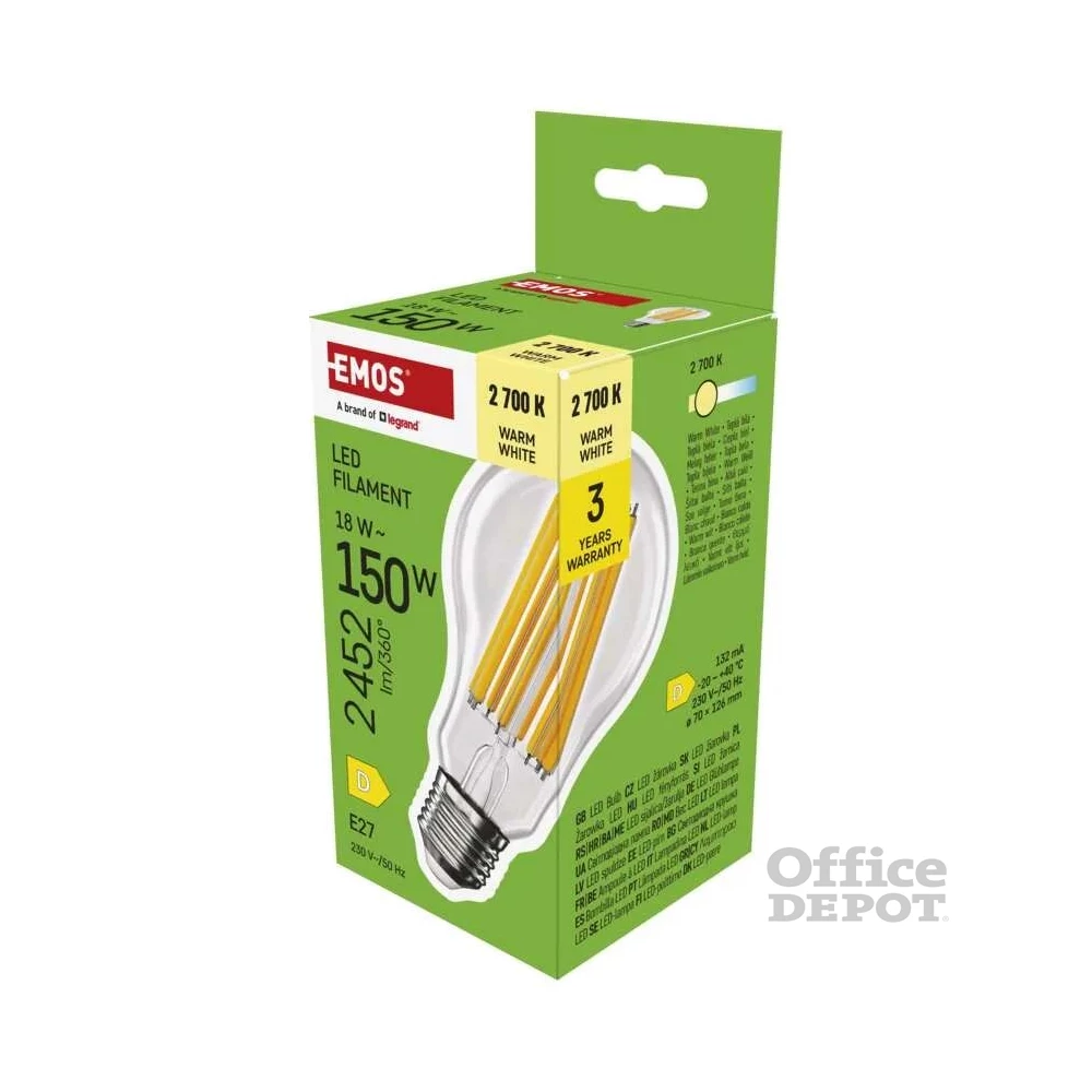 Emos ZF5D82 E27/18 W (150 W)/2452 lm/meleg fehér filament A70 LED izzó