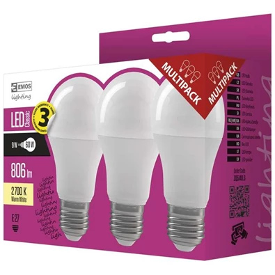 Emos ZQ5140.3 CLASSIC A60 9W E27 806 lumen meleg fehér LED izzó 3db/csomag Emos ZQ5140.3 CLASSIC A60 9W E27 806 lumen meleg fehér LED izzó 3db/csomag