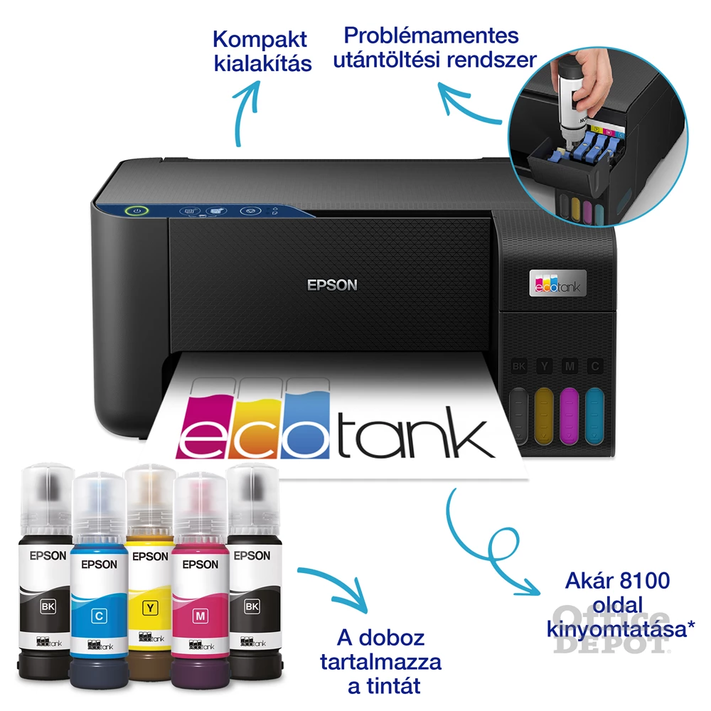 Epson EcoTank L3231 színes nyomtató MFP, USB, 8100/6500 oldal tinta a dobozban