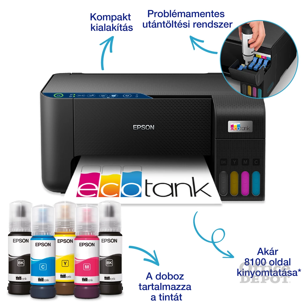 Epson EcoTank L3271 színes nyomtató MFP, WiFi/USB, 8100/6500 oldal tinta a dobozban
