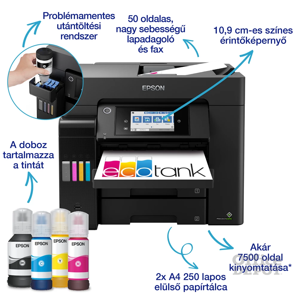 Epson EcoTank L6570 színes nyomtató MFP, Duplex, WiFi/USB/LAN, 8100/6500 oldal tinta a dobozban