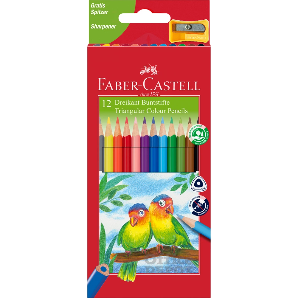 Faber-Castell Junior Papagáj 12 db háromszögletű színesceruza készlet hegyezővel