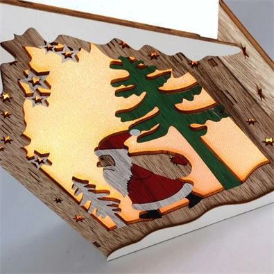 Faház alakú Télapó mintás/18,5x21cm/meleg fehér LED-es fa fénydekoráció