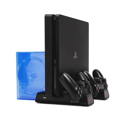 FroggieX FX-P4-C3-B Cooling Charging Stand & Storage PS4 fekete konzol hűtő + töltőállomás + lemez tartó FroggieX FX-P4-C3-B Cooling Charging Stand & Storage PS4 fekete konzol hűtő + töltőállomás + lemez tartó