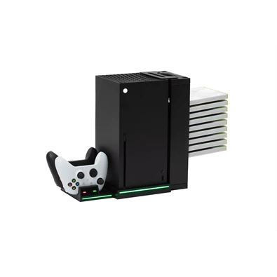FroggieX FX-XS-C1-B Xbox Series X | S fekete konzol hűtő + dual töltőállomás + lemez tartó FroggieX FX-XS-C1-B Xbox Series X | S fekete konzol hűtő + dual töltőállomás + lemez tartó