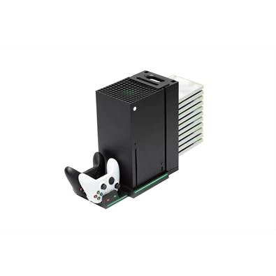 FroggieX FX-XS-C1-B Xbox Series X | S fekete konzol hűtő + dual töltőállomás + lemez tartó FroggieX FX-XS-C1-B Xbox Series X | S fekete konzol hűtő + dual töltőállomás + lemez tartó
