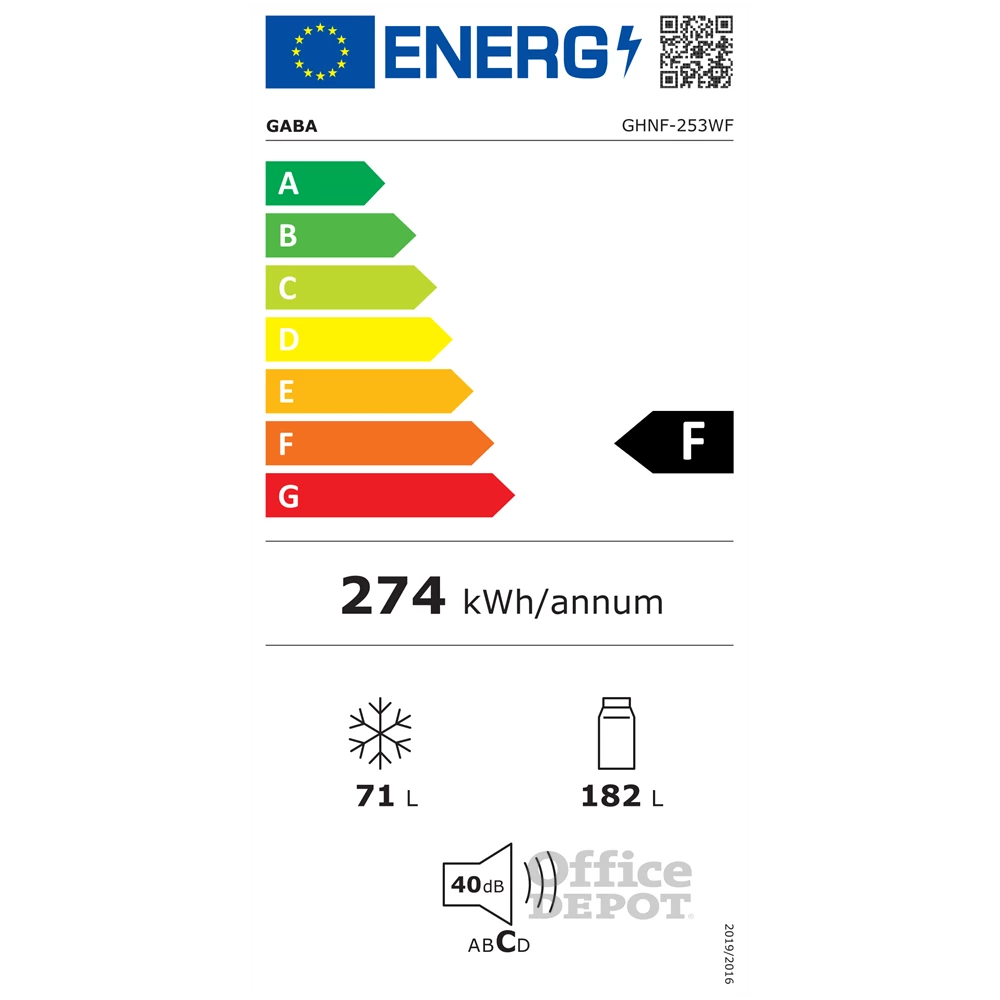 Gaba GHNF-253WF 253 L fehér, alulfagyasztós, Hűtő:182L, Fagyasztó:71L, No frost hűtőszekrény