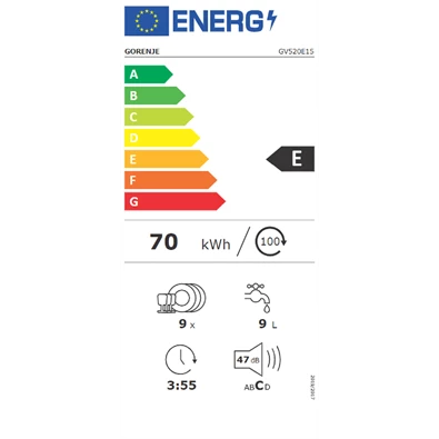 Gorenje GV520E15 beépíthető keskeny 9 terítékes mosogatógép Gorenje GV520E15 beépíthető keskeny 9 terítékes mosogatógép