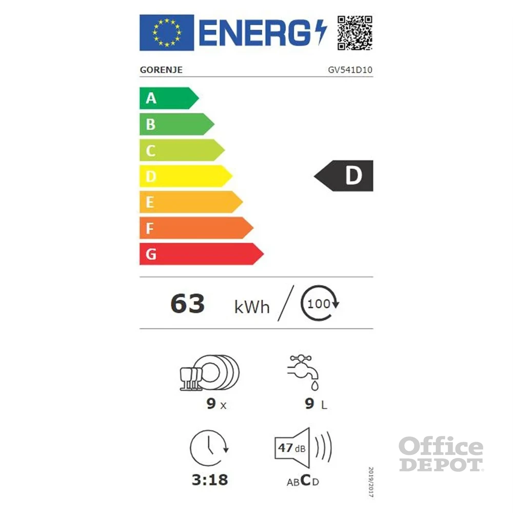 Gorenje GV541D10 programok száma: 5, keskeny beépíthető, 9 terítékes mosogatógép 