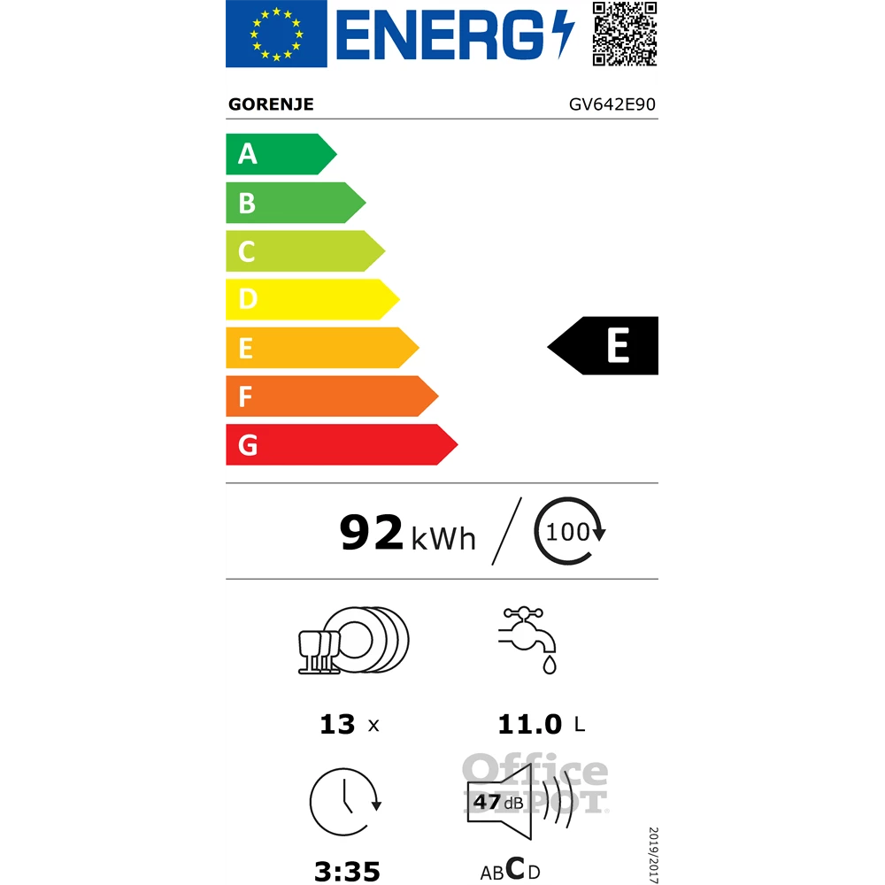 Gorenje GV642E90 programok száma: 6, beépíthető, 13 terítékes mosogatógép 