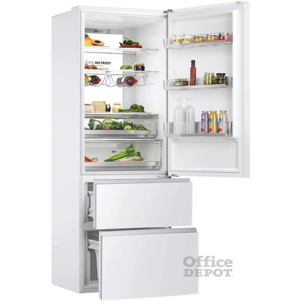 Haier HTW7720DNGW fehér, francia ajtós, alulfagyasztós, Hűtő:343L, Fagyasztó:140L, Total No frost hűtőszekrény
