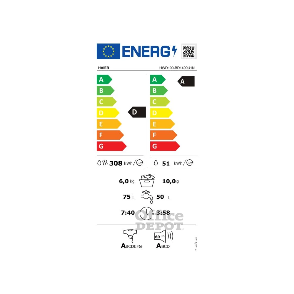 Haier HWD100BD1499UN/S fehér, elöltöltős, max.1400ford., 10 kg/6 kg, mosó-szárítógép