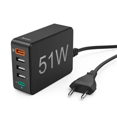 Hama 201630 FIC 3 51W 5 PORT (1xQC3.0, 3xUSB-A, 1xUSB-C PD) hálózati töltő Hama 201630 FIC 3 51W 5 PORT (1xQC3.0, 3xUSB-A, 1xUSB-C PD) hálózati töltő