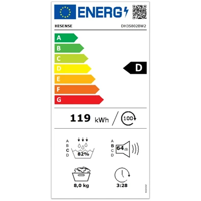 Hisense DH3S802BW2 fehér, 8 kg, hőszivattyús, szárítógép