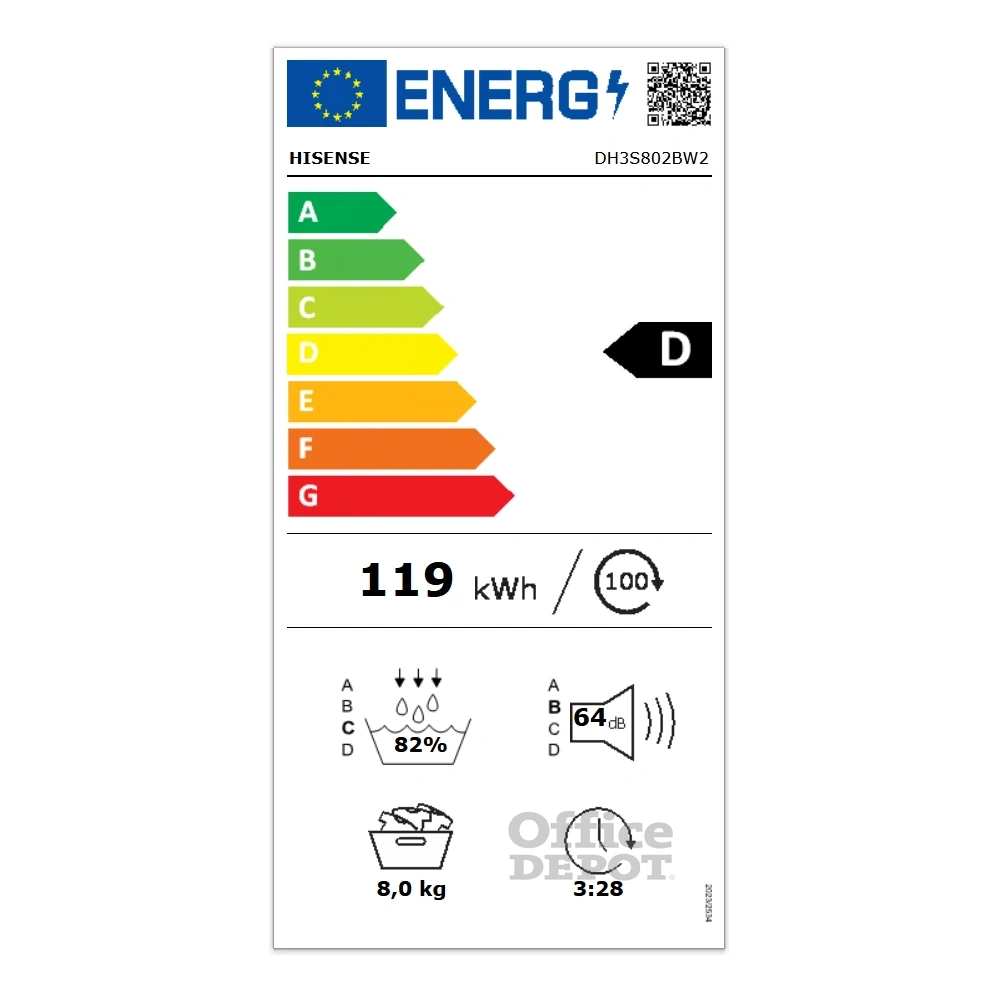 Hisense DH3S802BW2 fehér, 8 kg, hőszivattyús, szárítógép