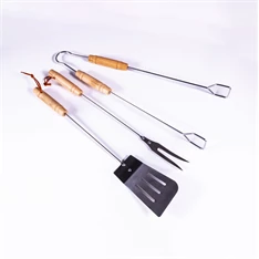 IRIS KT-202 3 db-os BBQ grill szett fa fogóval (ételfogó 44cm, spatula 41cm, villa 40cm)