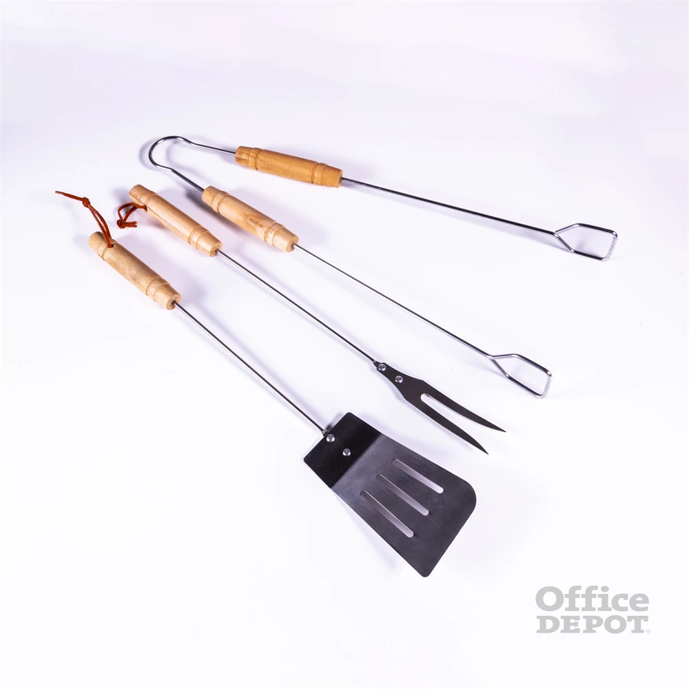 IRIS KT-202 3 db-os BBQ grill szett fa fogóval (ételfogó 44cm, spatula 41cm, villa 40cm)