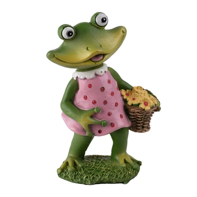 IRIS dekor műgyanta béka+virágkosár zöld/rózsaszín 9,9cm