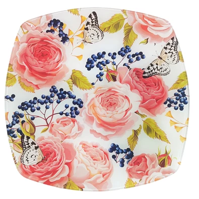 IRIS üveg tányér, nagy rózsa mintás, rózsaszín 25 x 25cm