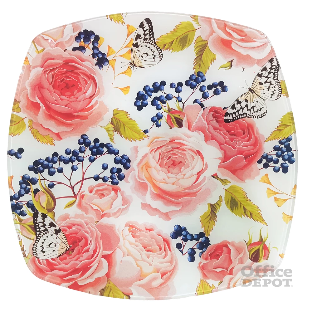 IRIS üveg tányér, nagy rózsa mintás, rózsaszín 25 x 25cm