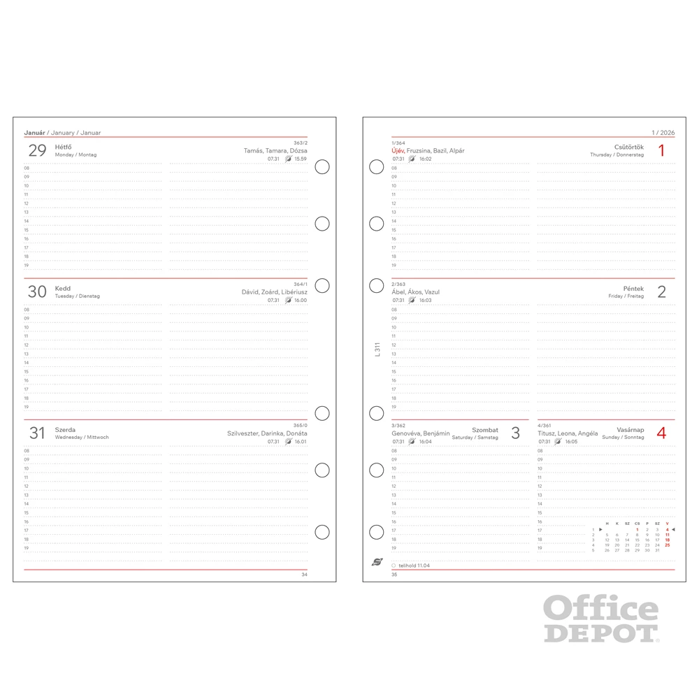 Kalendart Saturnus L311/F heti beosztású fehér gyűrűs betétlap csomag