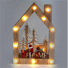 Karácsonyi ház alakú madarak mintás/20x30x5,5cm/meleg fehér LED-es fa fénydekoráció