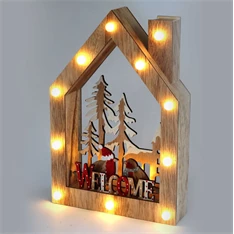 Karácsonyi ház alakú madarak mintás/20x30x5,5cm/meleg fehér LED-es fa fénydekoráció