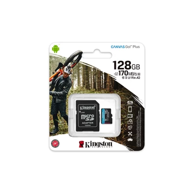 Kingston 128GB SD micro Canvas Go! Plus (SDXC Class 10 UHS-I U3) (SDCG3/128GB) memóriakártya adapterrel Kingston 128GB SD micro Canvas Go! Plus (SDXC Class 10 UHS-I U3) (SDCG3/128GB) memóriakártya adapterrel