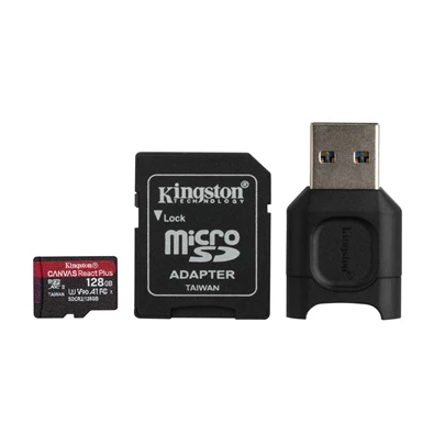 Kingston 128GB SD micro Canvas React Plus (SDXC Class 10 UHS-II U3) (MLPMR2/128GB) memóriakártya adapterrel, olvasóval Kingston 128GB SD micro Canvas React Plus (SDXC Class 10 UHS-II U3) (MLPMR2/128GB) memóriakártya adapterrel, olvasóval
