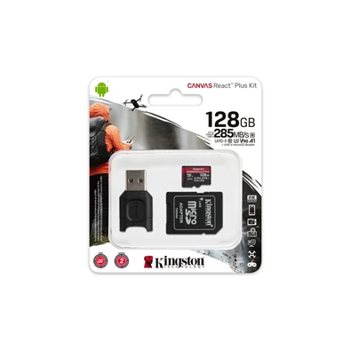 Kingston 128GB SD micro Canvas React Plus (SDXC Class 10 UHS-II U3) (MLPMR2/128GB) memóriakártya adapterrel, olvasóval Kingston 128GB SD micro Canvas React Plus (SDXC Class 10 UHS-II U3) (MLPMR2/128GB) memóriakártya adapterrel, olvasóval