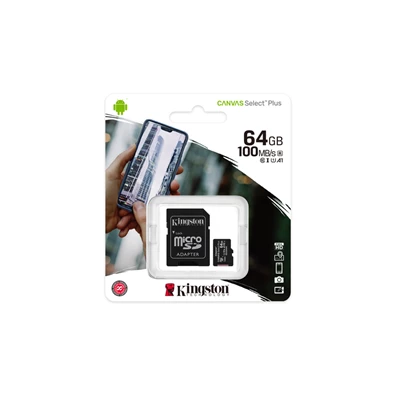 Kingston 64GB SD micro Canvas Select Plus (SDXC Class 10 A1) (SDCS2/64GB) memóriakártya adapterrel Kingston 64GB SD micro Canvas Select Plus (SDXC Class 10 A1) (SDCS2/64GB) memóriakártya adapterrel