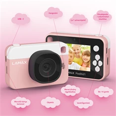 LAMAX PixelKid1 Pink Full HD 8MP rózsazsín gyerek fényképezőgép és kamera LAMAX PixelKid1 Pink Full HD 8MP rózsazsín gyerek fényképezőgép és kamera