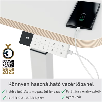 Leitz Ergo kisméretű fehér felállásra emlékeztetővel ellátott elektromos ülő-álló asztal Leitz Ergo kisméretű fehér felállásra emlékeztetővel ellátott elektromos ülő-álló asztal